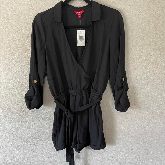 GUESS Black Lehanna Shorts Cross Over Roll Tab Sleeve Womens New Romper XS - Picture 2 of 10